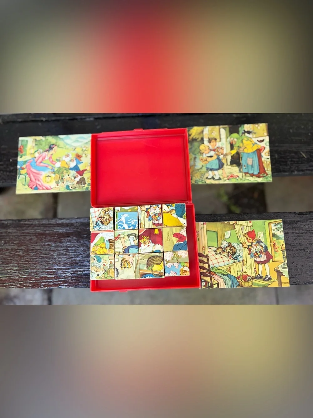 60's Eichhorn Wooden Fairy Tales Puzzle Blocks In Case West Germany W